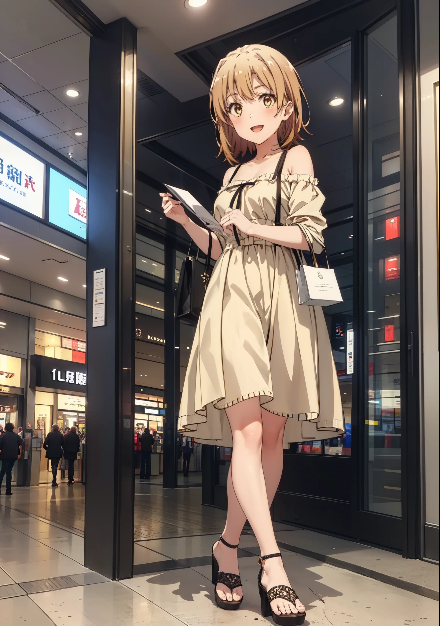 Irohaisshiki, isshiki iroha, short hair, Brown Hair, (Brown eyes:1.5), smile,Open your mouth,smile,Off-the-shoulder yellow dress,mini skirt,Cute heeled sandals,Walking,whole bodyがイラストに入るように,
break indoors,Shopping mall,
break looking at viewer,whole body,
break (masterpiece:1.2), Highest quality, High resolution, unity 8k wallpaper, (figure:0.8), (Beautiful attention to detail:1.6), Highly detailed face, Perfect lighting, Highly detailed CG, (Perfect hands, Perfect Anatomy),