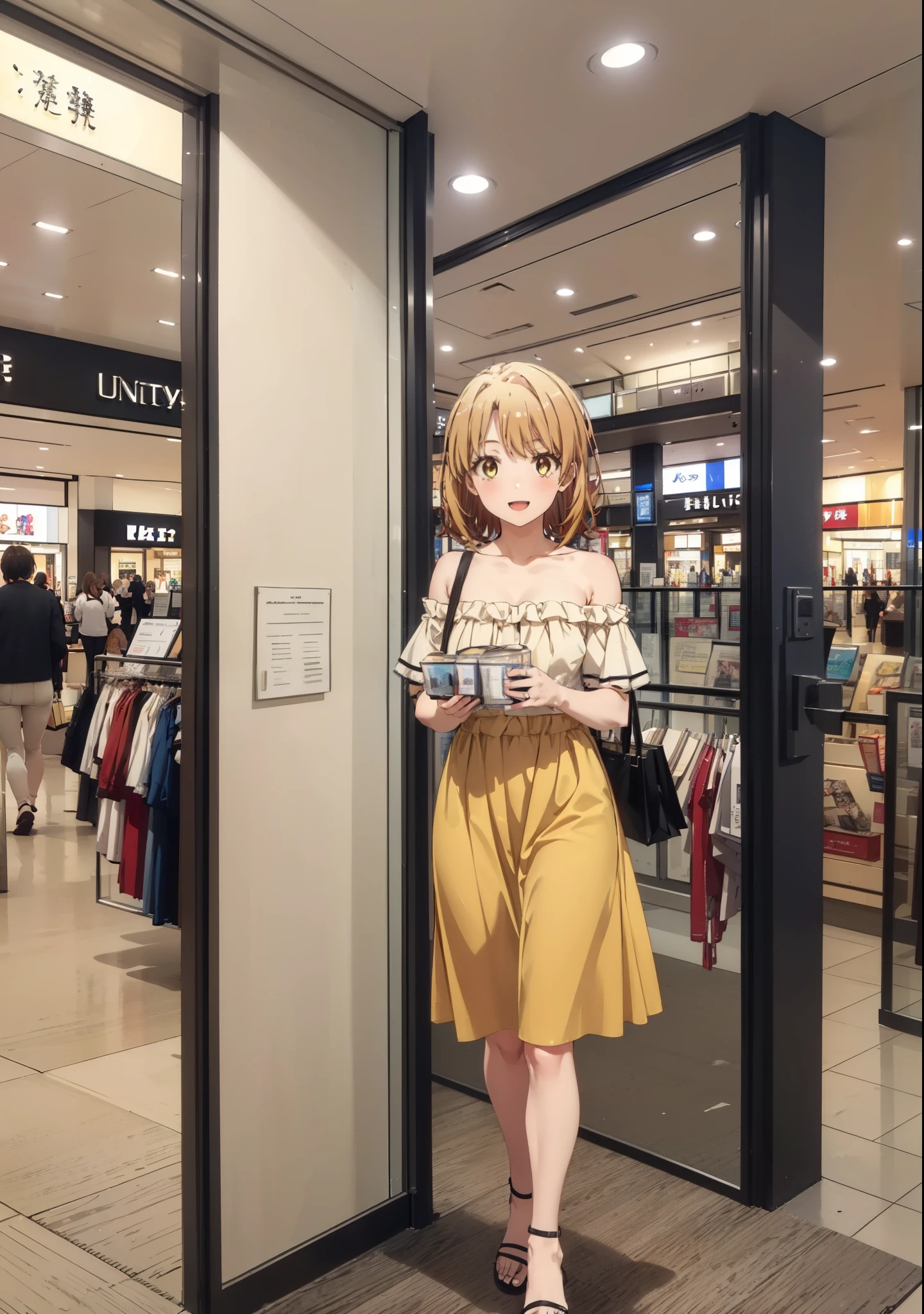 Irohaisshiki, isshiki iroha, short hair, Brown Hair, (Brown eyes:1.5), smile,Open your mouth,smile,Off-the-shoulder yellow dress,mini skirt,Cute heeled sandals,Walking,whole bodyがイラストに入るように,
break indoors,Shopping mall,
break looking at viewer,whole body,
break (masterpiece:1.2), Highest quality, High resolution, unity 8k wallpaper, (figure:0.8), (Beautiful attention to detail:1.6), Highly detailed face, Perfect lighting, Highly detailed CG, (Perfect hands, Perfect Anatomy),