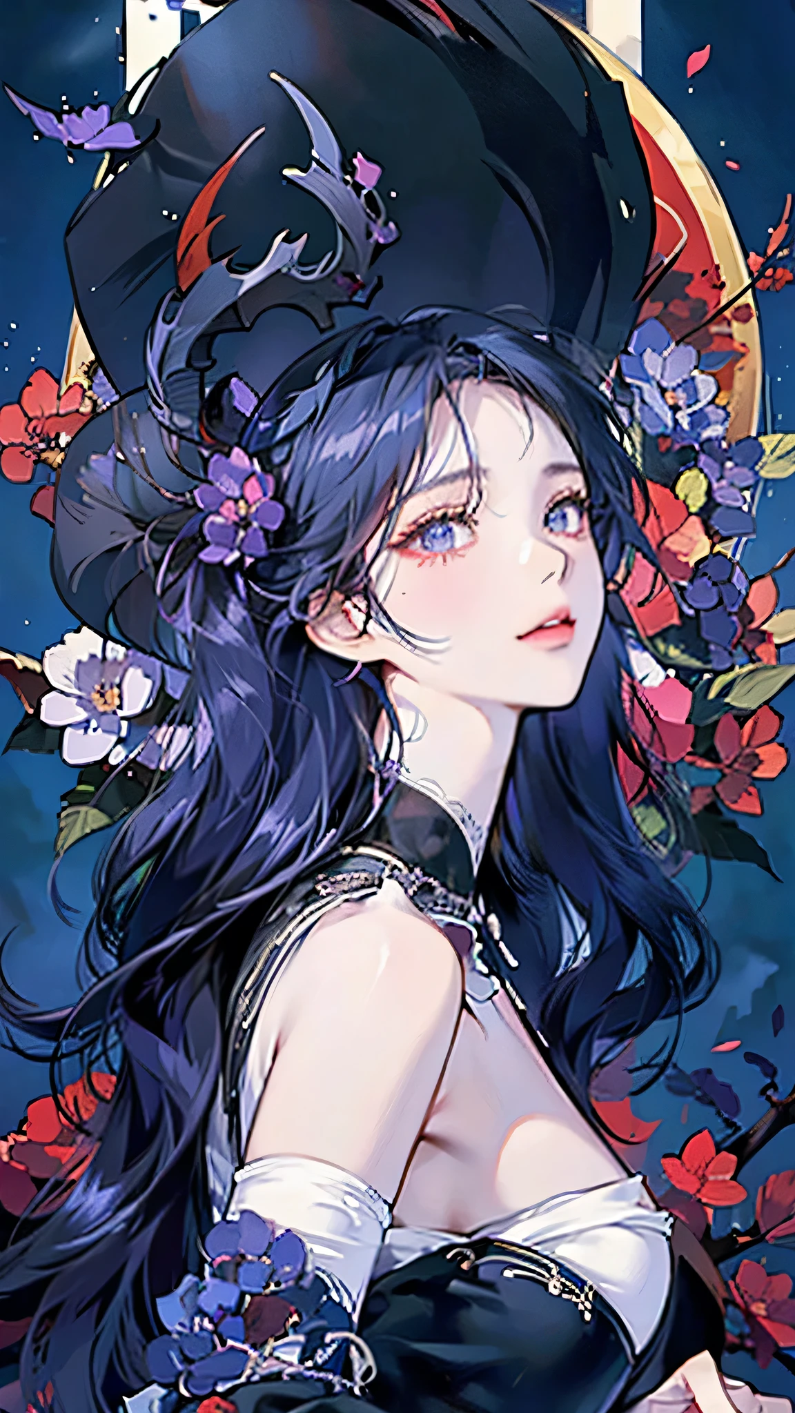  high quality, high quality, 8K Ultra HD, In this exquisite ink painting, the dynamic essence of lana rhoades unclad body ,milf-styled body, with striking beauty, The deep hues of blue, dark red, and black ink converge to form intricate patterns, capturing the essence of the fletching's elegance and strength,dark red and dark purple flowers, vines with thorn wraping around her