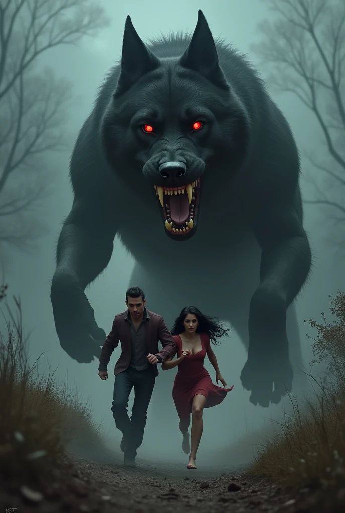 Skinny man and fat brunette woman, chased by a monstrous black dog, of the same height as them, red eyed, showing his fangs