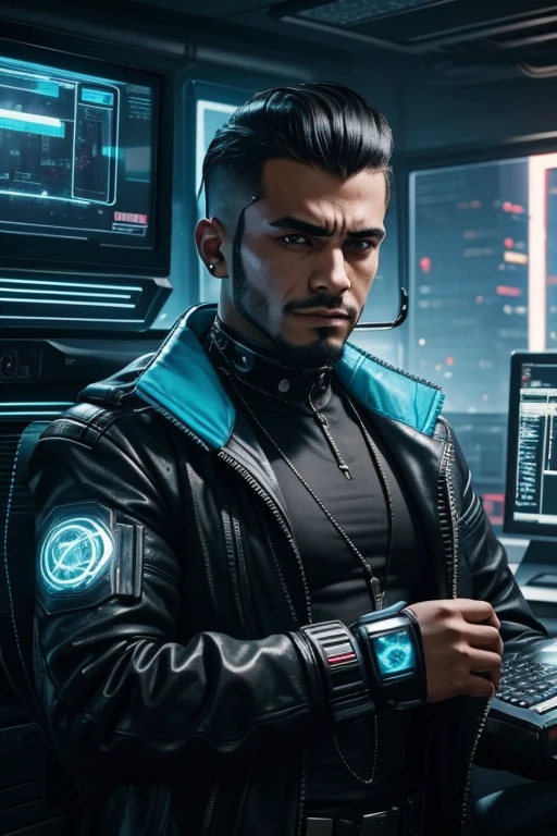 Cyberpunk man, Hispanic, Ethnically Hispanic, in a cyberpunk office, wearing a cyberpunk suit, focus on face, mutton chop hairstyle