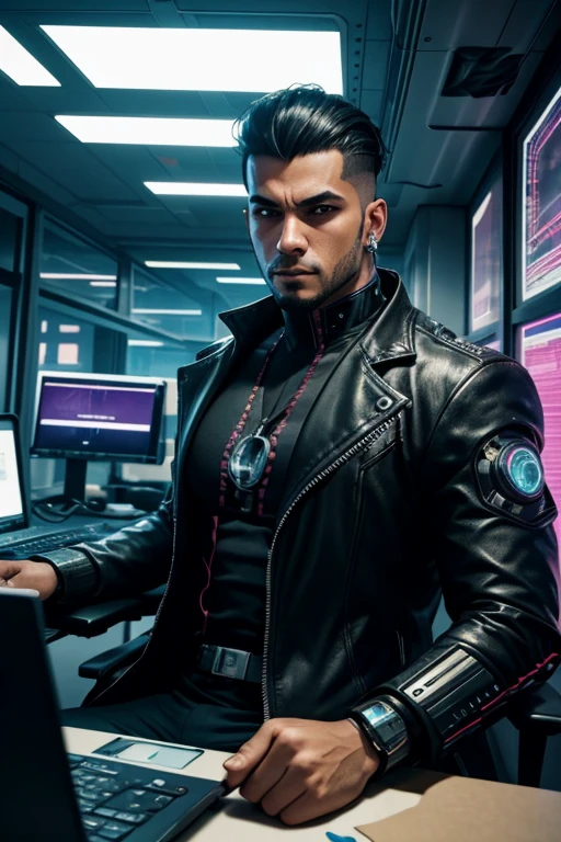 Cyberpunk man, Hispanic, Ethnically Hispanic, in a cyberpunk office, wearing a cyberpunk suit, focus on face, mutton chop hairstyle