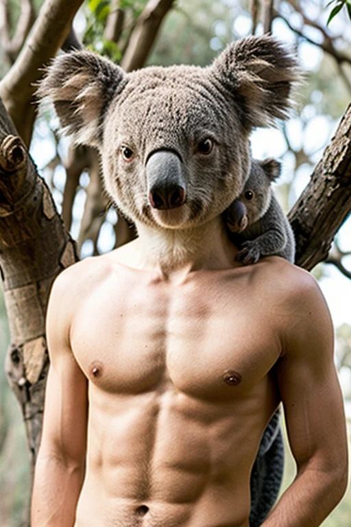 Young handsome cute beautiful skinny white face without shirt  con una koala 