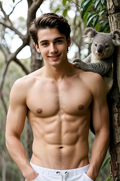 Young handsome cute beautiful skinny white face without shirt con una koala