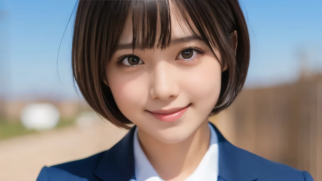 (Realistic: 1.4), (Highest quality: 1.4), (fine grain), ((Blue sky background)), ((Administrative job)), ((One Young Woman)), Black short bob hair, ((suit)), Big eyes, Blushed, ((smile)), Highly detailed face and skin texture, Healthy Skin, 8k resolution
