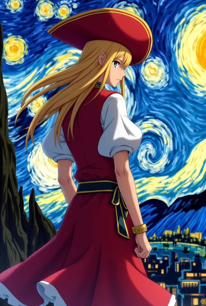 Me puedes hacer una imagen del man Ryusui mi (man) of doctor stone with his red pirate clothes with short sleeves and having the lower part as a dress with his long blond hair and with a big pirate hat turning his back and seeing the city with Van Gogh's starry night in the background In a general shot but with the character a little small