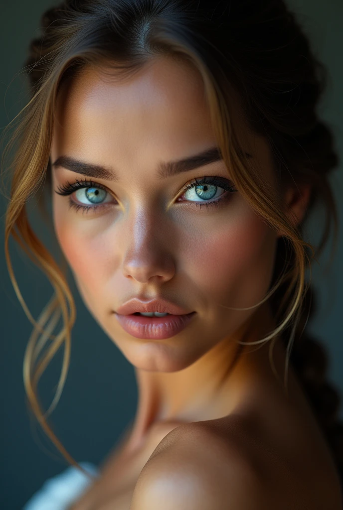 a beautiful, hot, italian women,wink,
seductive face blue eyes, ultrarealistic BLUE EYES,hyper detailed perfect eyes, photorealism, studio lighting, masterpiece, lange Wimpern, Elegante Pose, braided hair