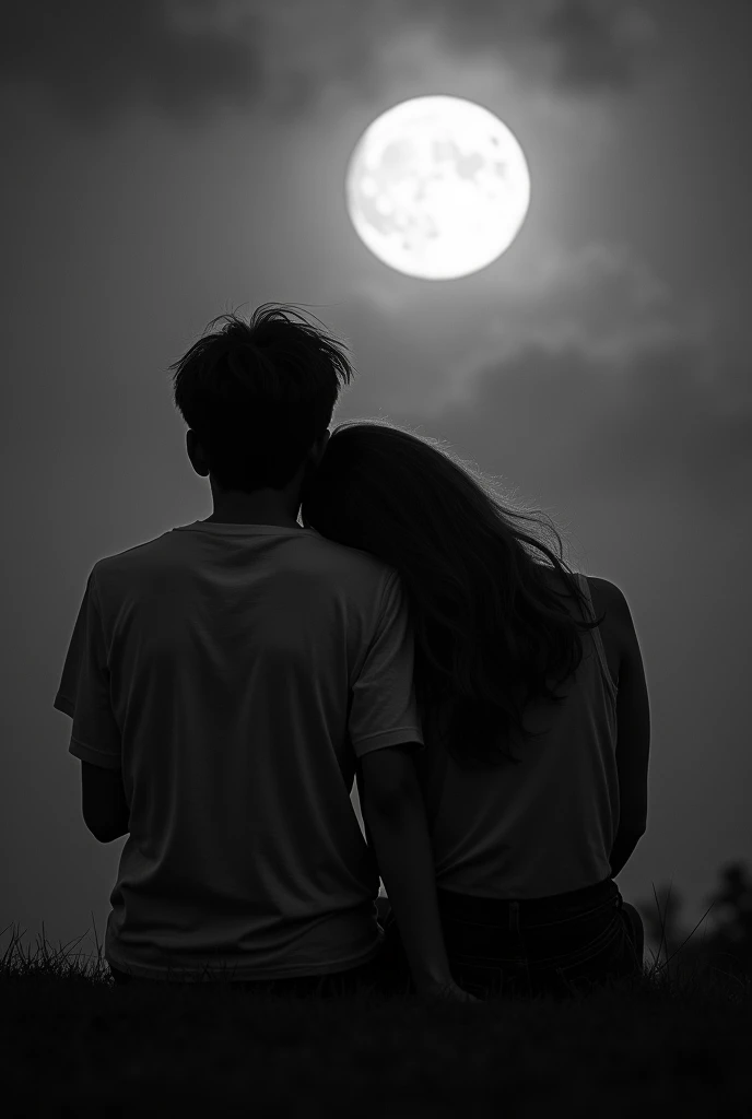 Vintage young couple looking at moon. Kind of blurry pic that gives a feel of 80s. Picture of thier while couple looking the moon
They are sitting while girl head is leaning on him
Make it black n white picture. A bit blurry also
I asked for black and white photo