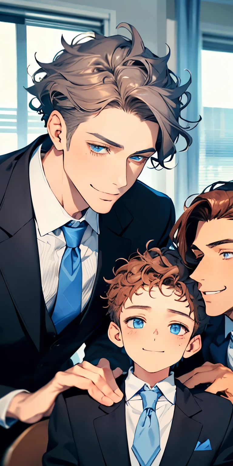 handsome 3 boy with brown curly hair and small lips long nose. 1 man mature, male mature. Expression smile in love. Blue gray eyes, CEO, Office home.