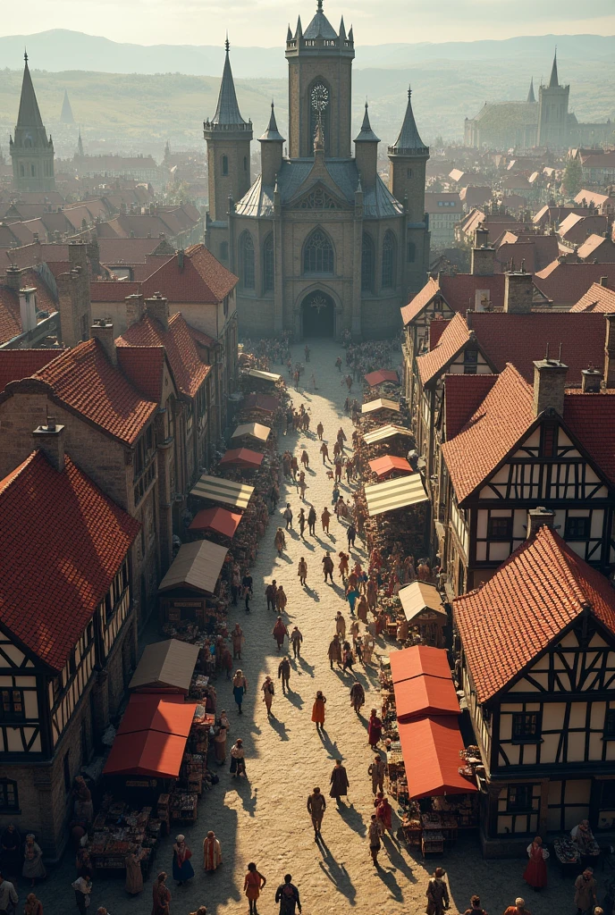 Medieval houses and markets inside a castle, the image seen from above
