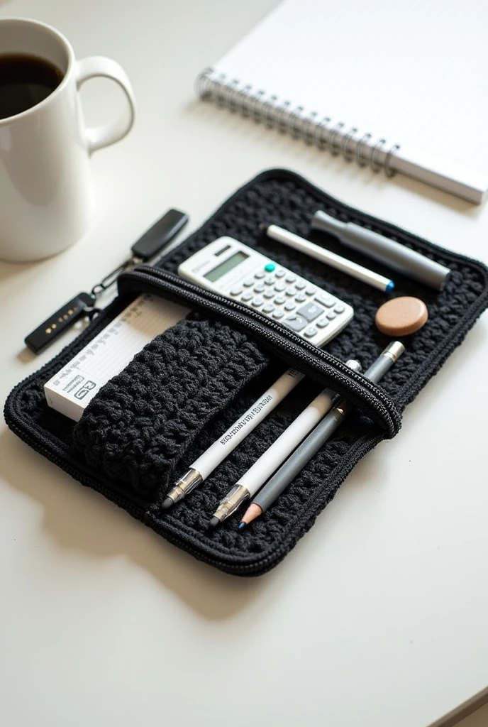 a pencil case ( crochet wallet) can hold 1 casio calculator , 5 ballpoint pens, 2 pencils , 1 hole punch , 1 bấm ghim , 1 cục tẩy , 1 ruler 20cm long , 1 eraser . Black and white checkered , zipper in the middle.