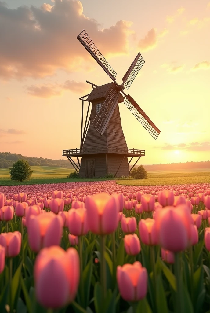 Large windmill on a green field with many light pink tulips on a beautiful sunset