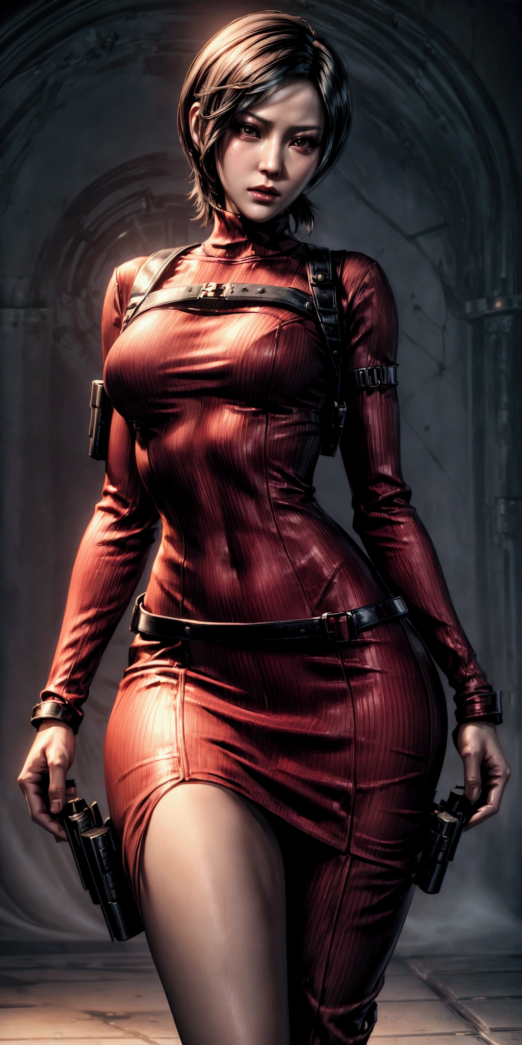 Ada wong, resident evil art, realistic skin, detailed pretty face, beautiful face, thin narrow waist, medium round breatst, red tight dress, military straps and belts, ribbed sweater, realistic, sexy pose, open beauty legs, perfect hips, ultra realistic