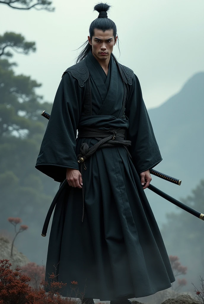 Attractive Japanese man, Samurai, black costumes.