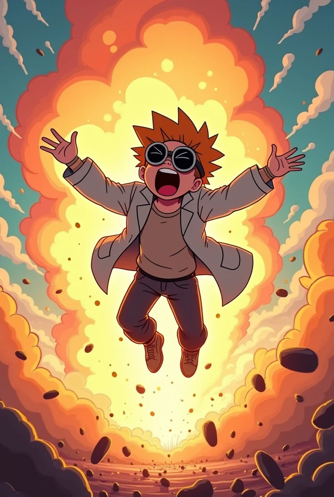 A scientist is thrown into the distance by a huge explosion not so far away in an incredible scene, draw in anime cartoon style. Put scientist goggles on him and make him look like he's having fun with the situation with a big smile.