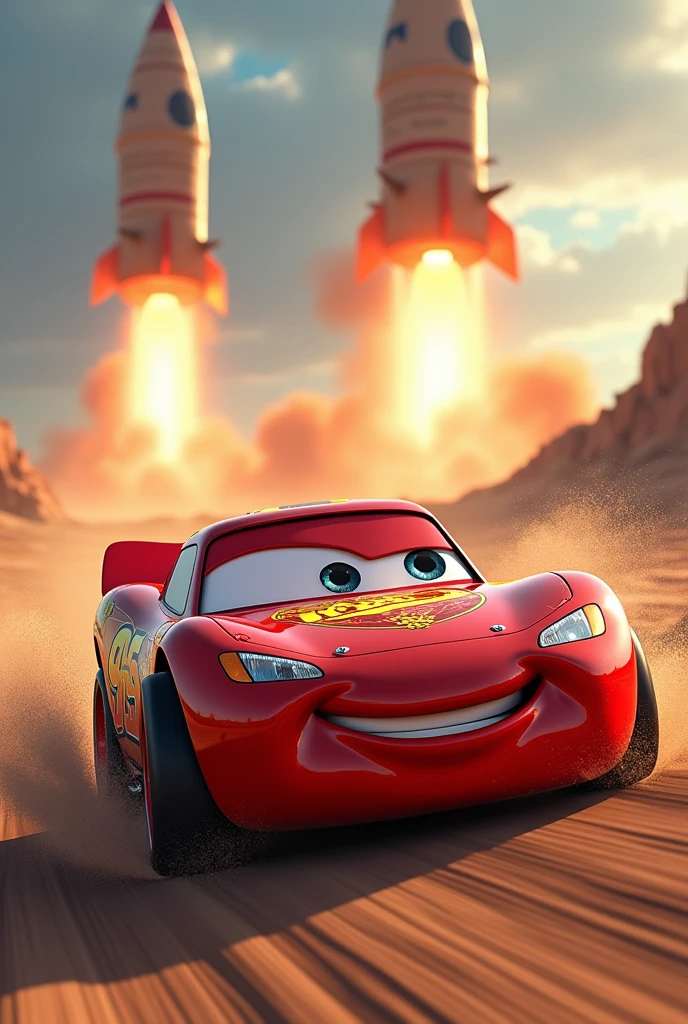 Lightning McQueen running away from two nuclear missiles