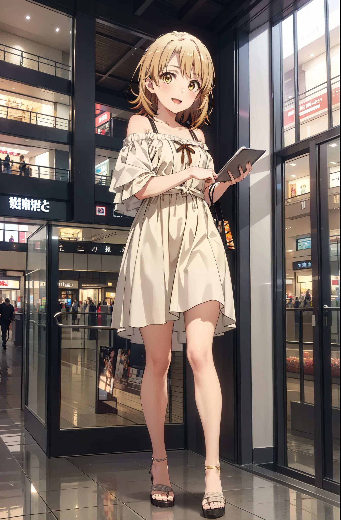 Irohaisshiki, isshiki iroha, short hair, Brown Hair, (Brown eyes:1.5), smile,Open your mouth,smile,Off-the-shoulder yellow dress,mini skirt,Cute heeled sandals,Walking,whole bodyがイラストに入るように,
break indoors,Shopping mall,
break looking at viewer,whole body,
break (masterpiece:1.2), Highest quality, High resolution, unity 8k wallpaper, (figure:0.8), (Beautiful attention to detail:1.6), Highly detailed face, Perfect lighting, Highly detailed CG, (Perfect hands, Perfect Anatomy),