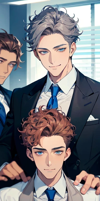 handsome 3 boy with brown curly hair and small lips long nose. 1 man mature, male mature. Expression smile in love. Blue gray eyes, CEO, Office home.