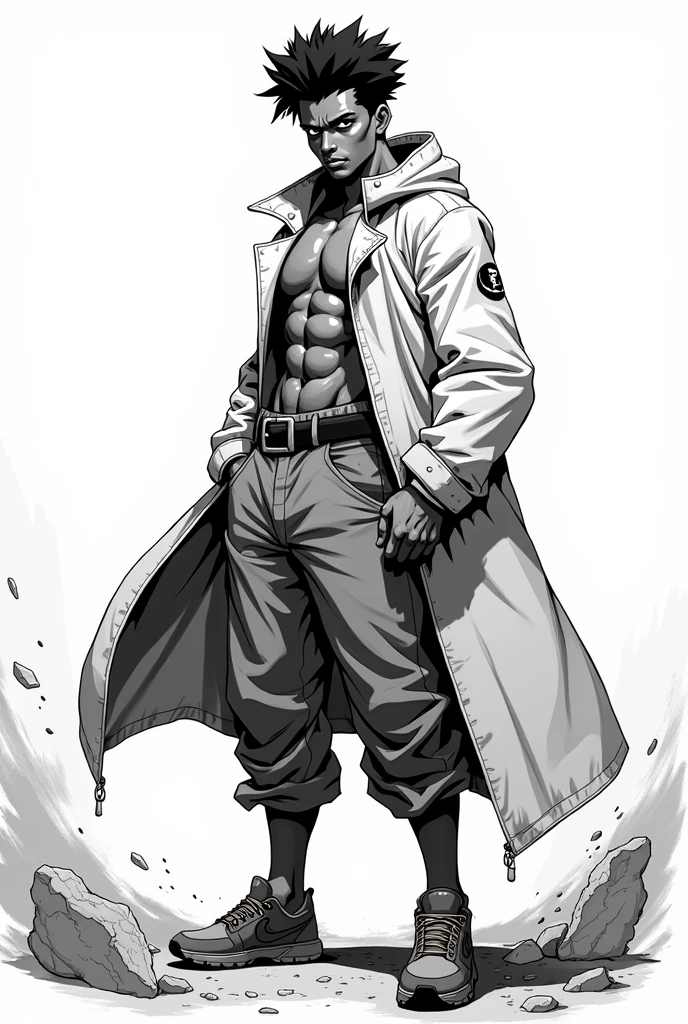 Make a manga character, 1 20 year old black man, manga art, black and white, manga style,mangaka