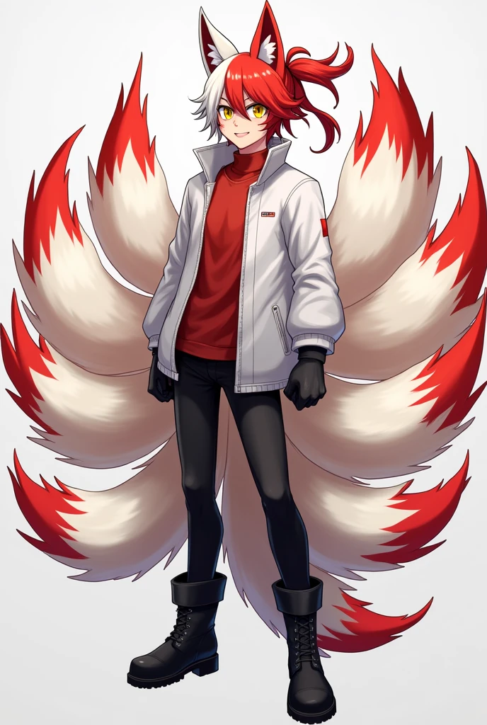 Create a Kitsune with half white and half red hair, with a ponytail, with fringe on the left side, yellow  eyes, eyes large, humanoid, with ears and nine tails with red tips and white tails, o nome dele é Kito Kaiiatsubaky, Men&#39;s White Windbreaker Jacket with Red Shirt, black pants and men&#39;s black boots, with black gloves, Personalidade: always cheerful and lively and willing to protect his friends and companions.