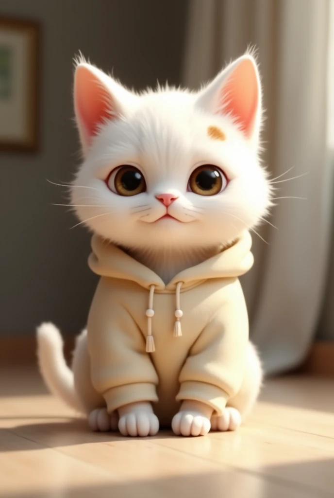 A white cat with a small brown spot on its right ear, She mostly likes to wear a sweatshirt.
