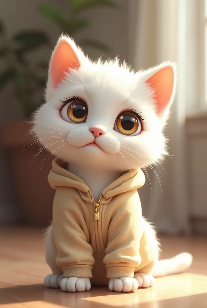 A white cat with a small brown spot on its right ear, She mostly likes to wear a sweatshirt.
