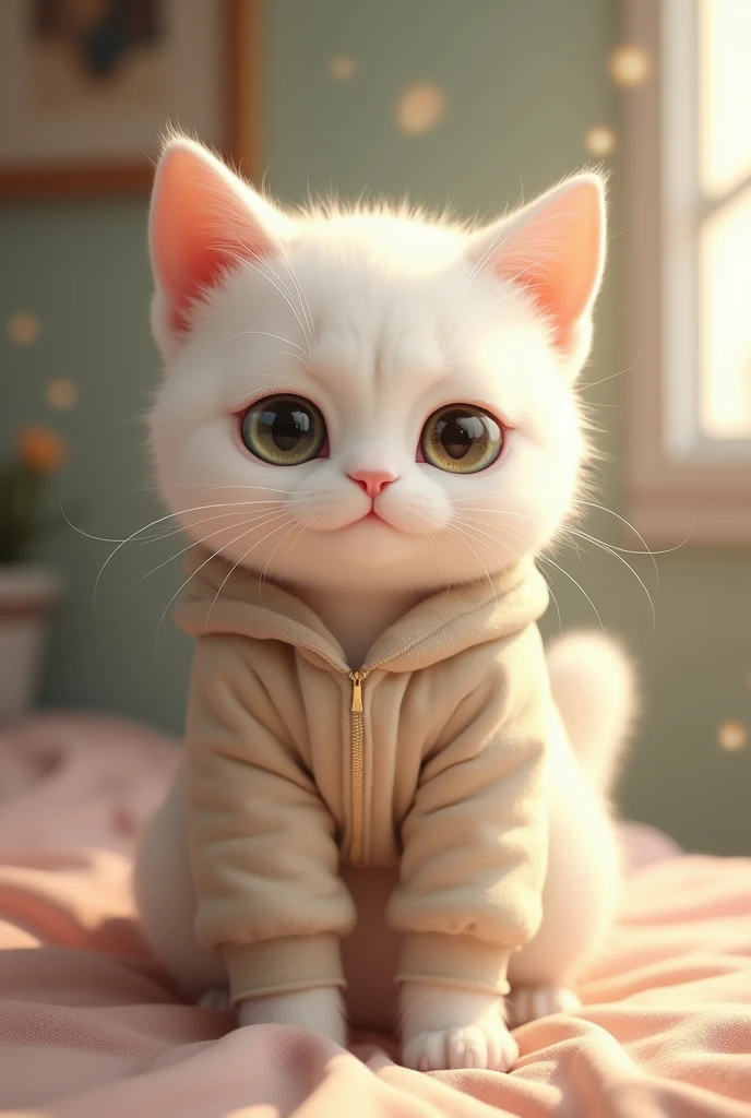 A white cat with a small brown spot on its right ear, She mostly likes to wear a sweatshirt.
