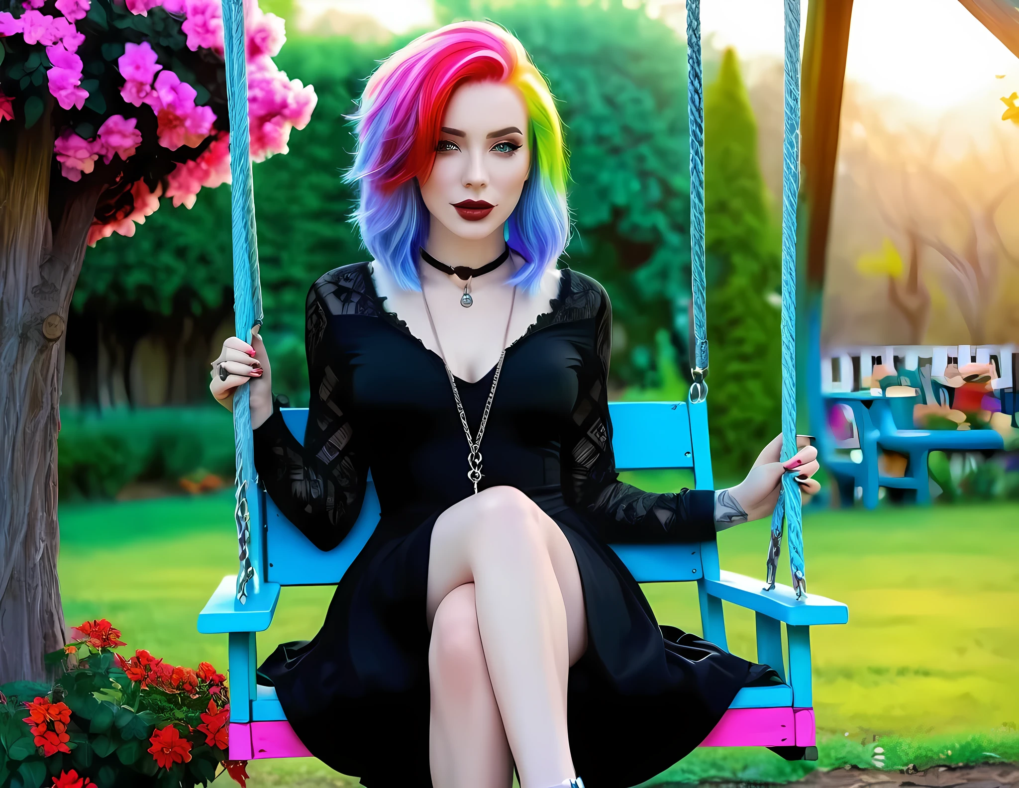 a beautiful pale skin gothic woman with colorful hair sitting on a swing in a garden, an airbrush painting by Nene Thomas, trending on cg society, fantasy art, beautiful art uhd 4 k, beautiful digital artwork, colorfull digital fantasy art, beautiful artwork, beautiful gorgeous digital art, perfect coloring, beautiful digital art, pastel coloring, rossdraws pastel vibrant, 8k stunning artwork