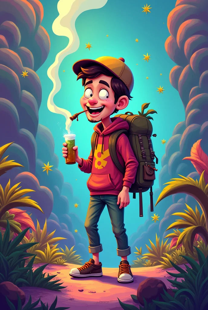 a male character, cartoon, smoking cannabis, wearing a hat and backpack. In a psychedelic place