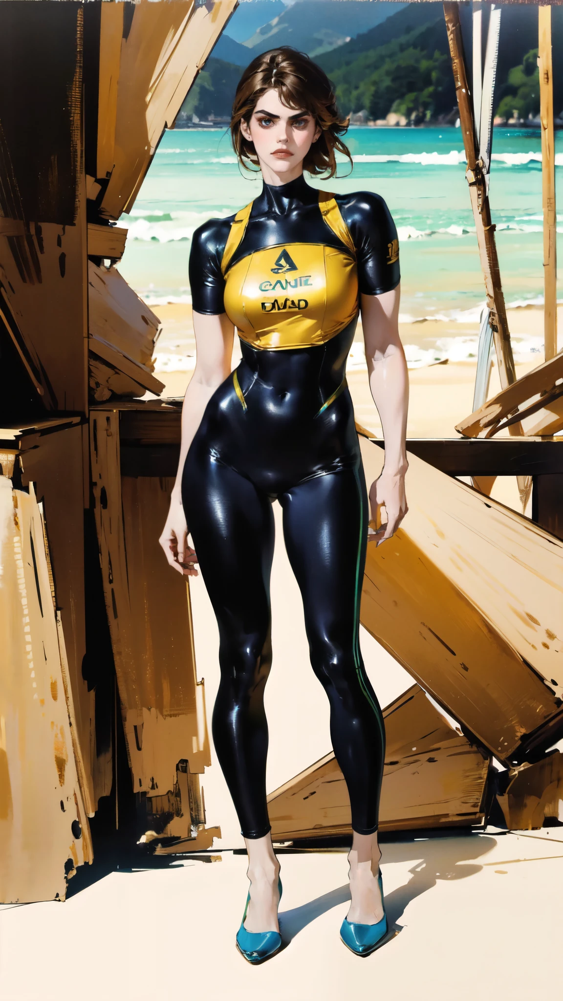 (masterpiece:1.2, best quality:1.2, extremely delicate:1.2), ((Alexandra Daddario:1.2)), a young women with long slightly curly brown hair, a well-defined face, intense eyes, a thoughtful expression, brown skin, tall and athletic build, a futuristic fantasy-style blue and black short-sleeved tight-fitting wetsuit, matching trousers, wrist guards, she sits leisurely on a seaside rock, this character embodies a finely crafted futuristic fantasy-style swimmer, exquisite and mature photography, photorealistic, goddess, feminine, porcelain skin, dramatic, high definition, highres, ultra-detailed, ultra-fine painting, professional, perfect body proportions, golden ratio, anatomically correct, symmetrical face, extremely detailed eyes and face, high quality eyes, creativity, RAW photo, UHD, 32k, Natural light, cinematic lighting, (masterpiece-anatomy-perfect:1.2)