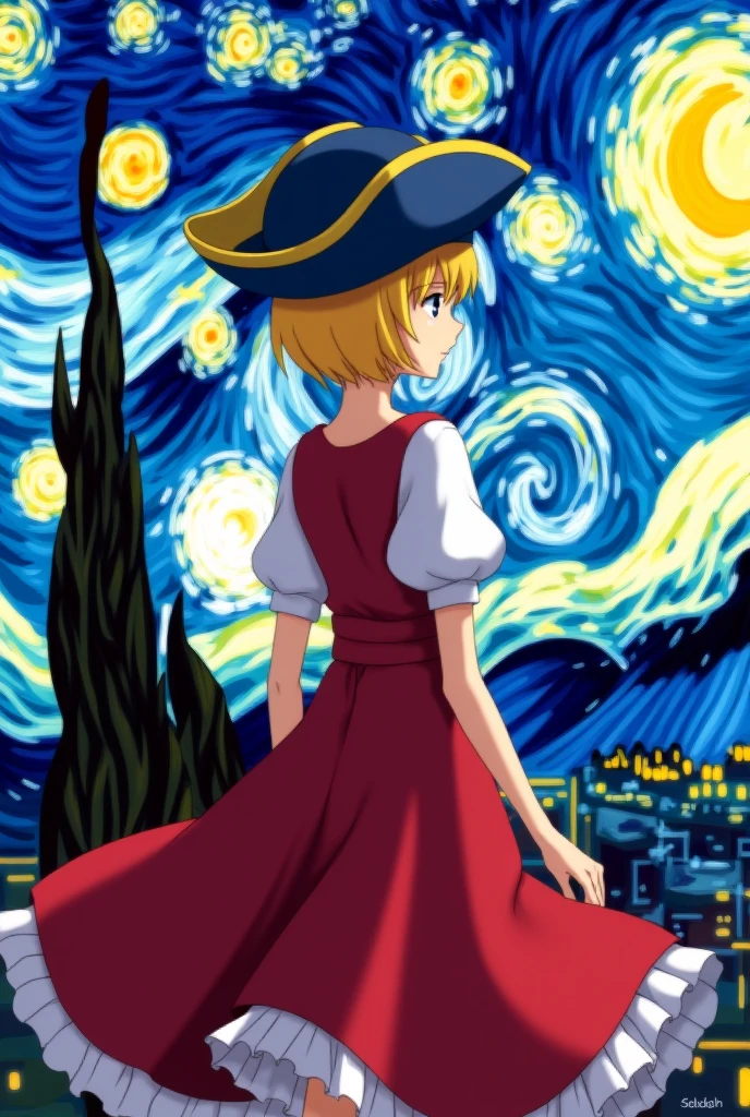 Me puedes hacer una imagen del man Ryusui Nanami (man) of doctor stone with his red pirate clothes with short sleeves and having the lower part as a dress with his short blonde hair down to his neck and with a big blue pirate hat turning his back and seeing the city with Van Gogh's starry night in the background In a general shot but with the character a little small