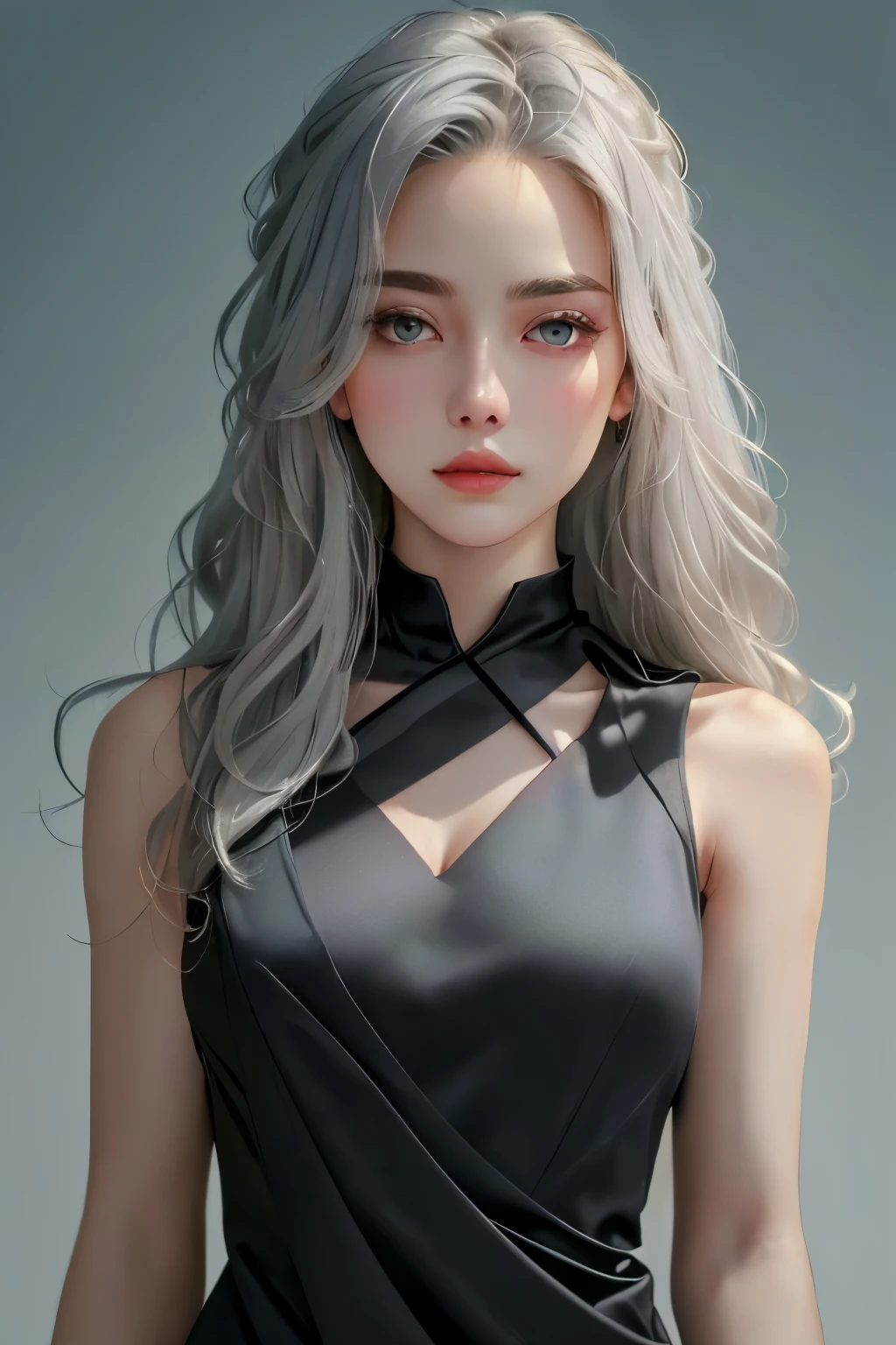 (oil, masterpiece, highest quality, Super detailed, Focus on the characters), Young woman, pale skin, ((a long gray hair)). ((a elegant black sleeveless dress)).  She has a serene expression. ((Looking straight ahead)), (front view), the background is a soft light blue gradient, giving the image an ethereal and calm feel, ((black dress)