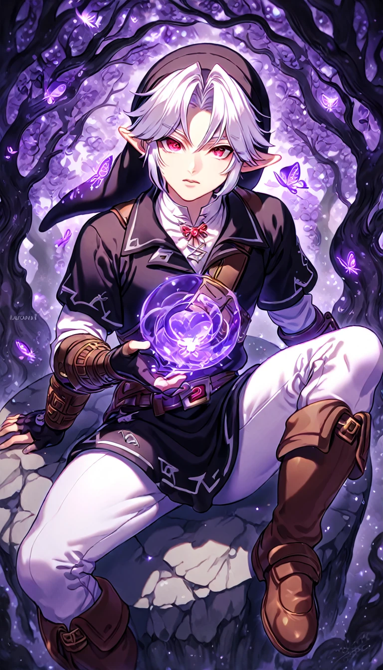 absurdres, highres, ultra detailed, HDR, master piece, best quality, extremely detailed, Dark Link, white hair, expressive red eyes, The Legend Of Zelda Ocarina Of Time, solo, sexy man sitting, sensual, handsome, black tunic, black hat, black gauntlets, white pants, under a purple tree, fantasy, magical, purple glittering fireflies, purple butterflies, purple flames, glass magic, purple leaves