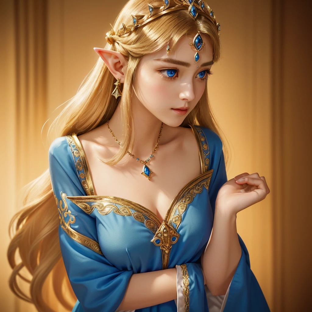 Blue eyes、"A delicate and detailed portrait of Princess Zelda from The Legend of Zelda, focusing on her upper body and face. Zelda stands with an air of quiet elegance, her posture regal and composed. She is adorned in a finely crafted royal gown, the fabric rich and textured, with intricate golden embroidery forming the Triforce symbol and other ancient patterns along the collar and bodice. Her long, golden hair cascades over her shoulders, perfectly framing her face. A delicate tiara rests gently on her forehead, encrusted with small, shimmering gems that catch the light. Zelda's face is a picture of grace, with smooth, porcelain-like skin and soft, delicate features. Her deep violet eyes are large and expressive, reflecting wisdom, compassion, and an inner strength. Her lips are slightly parted, showing a calm and gentle expression, as if she is on the verge of speaking. The overall impression is one of serene beauty and dignified power, embodying the spirit of the princess of Hyrule."