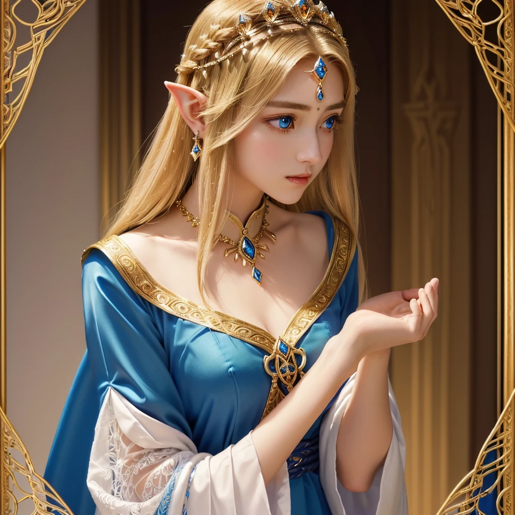 Blue eyes、"A delicate and detailed portrait of Princess Zelda from The Legend of Zelda, focusing on her upper body and face. Zelda stands with an air of quiet elegance, her posture regal and composed. She is adorned in a finely crafted royal gown, the fabric rich and textured, with intricate golden embroidery forming the Triforce symbol and other ancient patterns along the collar and bodice. Her long, golden hair cascades over her shoulders, perfectly framing her face. A delicate tiara rests gently on her forehead, encrusted with small, shimmering gems that catch the light. Zelda's face is a picture of grace, with smooth, porcelain-like skin and soft, delicate features. Her deep violet eyes are large and expressive, reflecting wisdom, compassion, and an inner strength. Her lips are slightly parted, showing a calm and gentle expression, as if she is on the verge of speaking. The overall impression is one of serene beauty and dignified power, embodying the spirit of the princess of Hyrule."