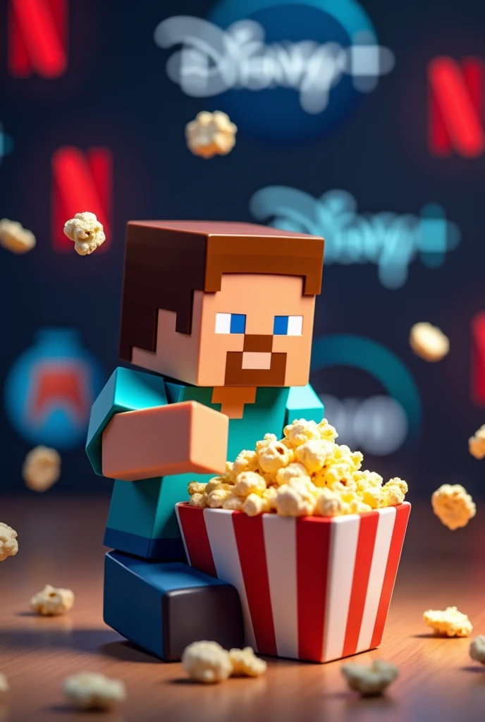create an advertising token, with steve from minecraft eating popcorn, and next to it the icons of the stremeang platforms, like, (netflix, disney+, prime video, crunchyroll), and also put the icon of each one, also, it has to have virtual money scattered around the token to give it some originality, it also has to have the title “2VQ - Service”.