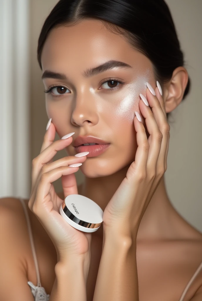 I want a model putting on makeup using Can Up Cosmetics Translucent Powder