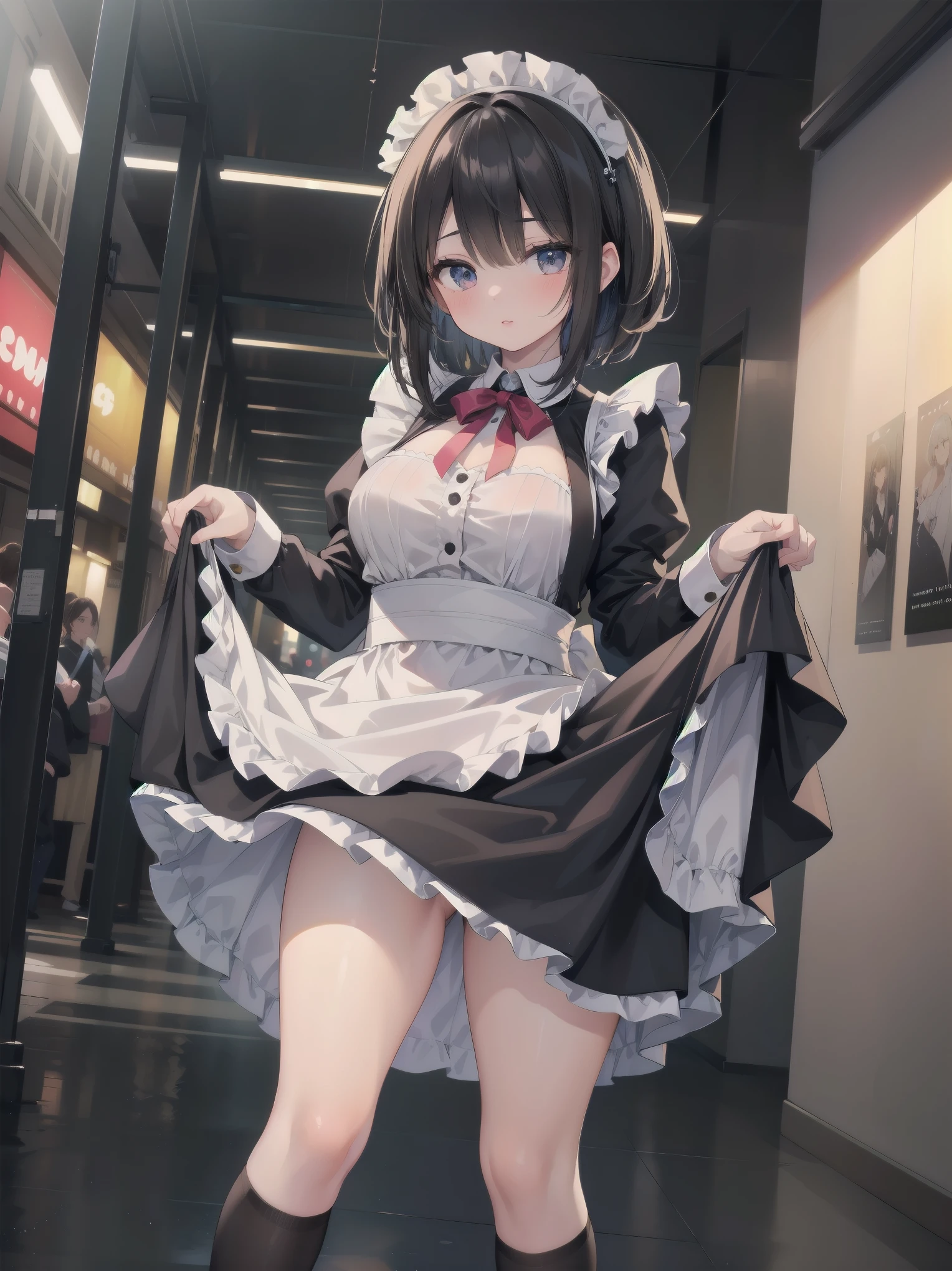 Highly detailed CG Unity 8k wallpaper, Top quality, Highly detailed, Masterpiece, Highly detailed pretty girl, , (((lifting skirt by herself))), (lifting skirt by herself)), dynamic angles, sexy pose, blush, lips apart, looking at audience, half body shot, (crowd), (crowded big city)), hair over one eye, immaculate beauty, less revealing maid outfit, classical maid fashion