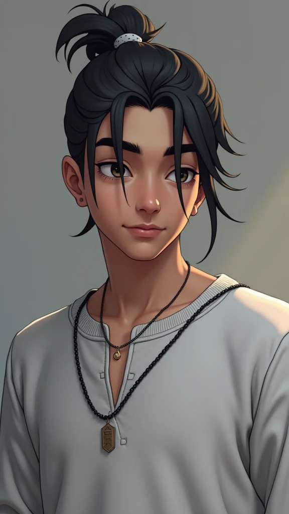 Young man, black hair with a ponytail, wears a Pullover and black jeans