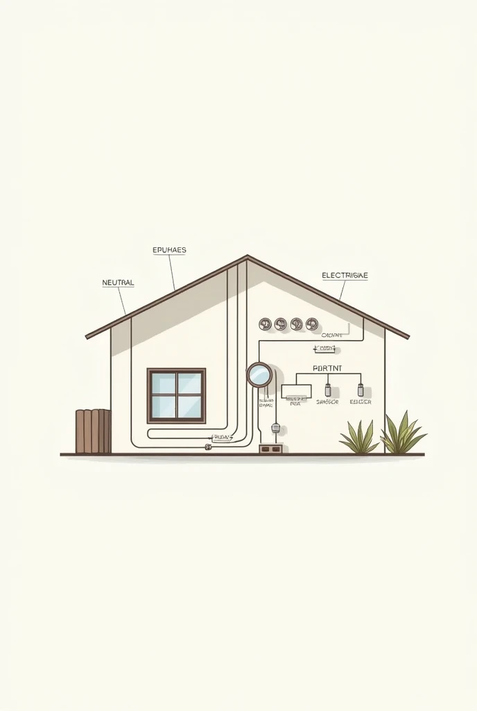 Make me a symbolic diagram of a residential installation of a house with the phase, the neutral and the meter, the spotlights