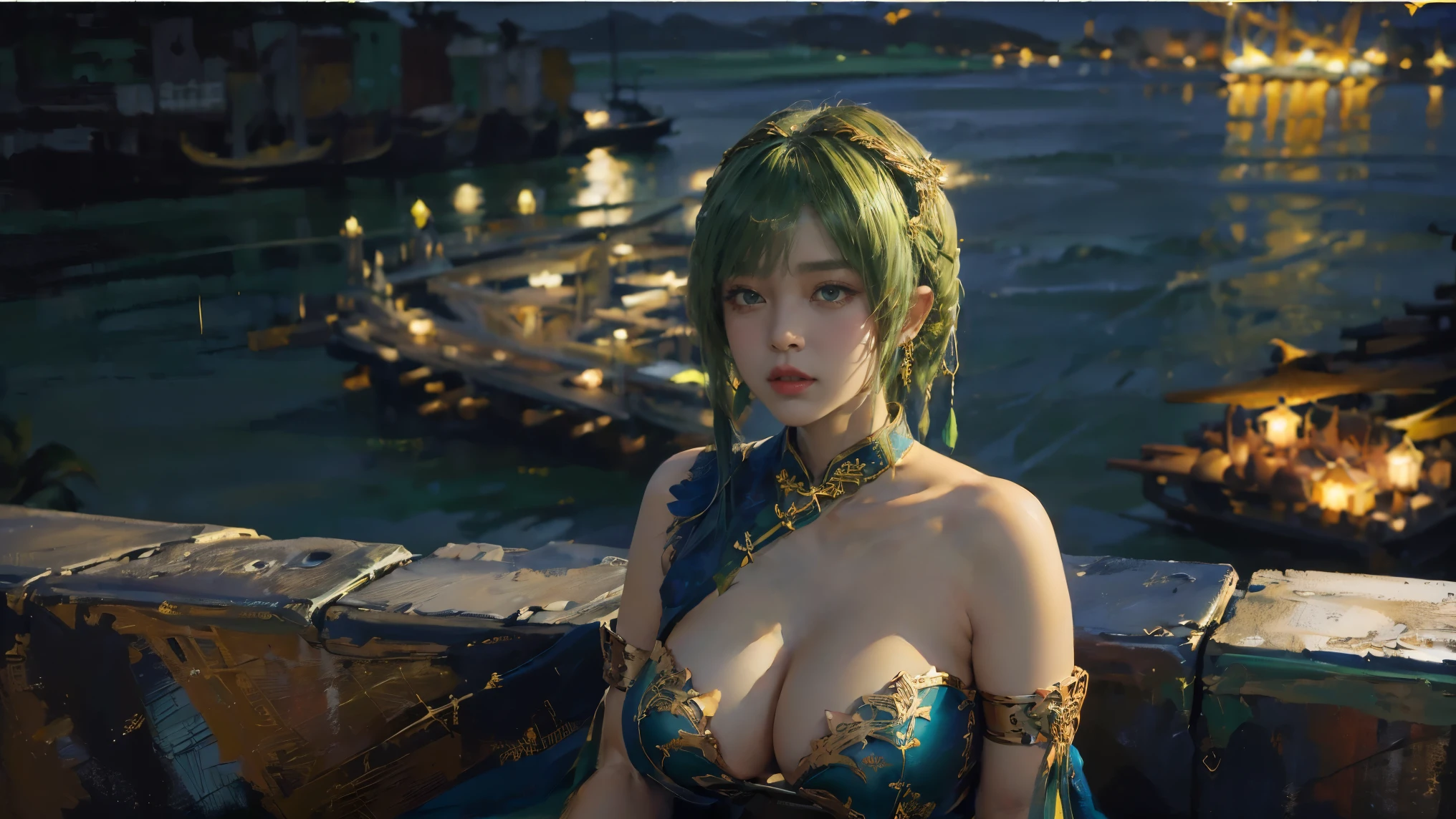 (The huge harbor in the background:1.5)，Oil painting style,The girl is on the other side,,Gold headdress，(green medium hair:1.2)，(Late Night:1.6),(Blue cheongsam:1.2),(Metal:1.2),(Fat Face:1.2),(Upper body:1.),(Blue armlet:1.1),Crimson lips,With bangs