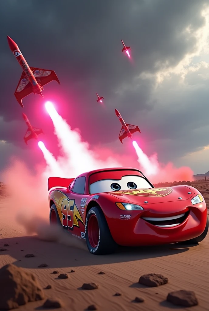 Lightning McQueen running away from a rain of pink nuclear missiles