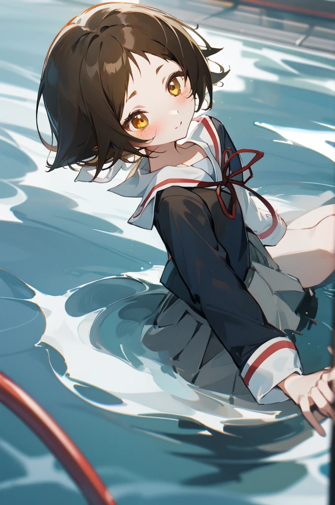 masterpiece, Highest quality, One Girl, Mashiro Mitsumine, (brown eyes:1.5), brown hair, Upper body, Pool、Water Play、seems to be happy、short hair, , Black-haired, Casual clothing, Frills,Top view、grey skirt, long sleeves, neck ribbon, red ribbon, ribbon, sailor collar, school uniform, skirt, white sailor collar,