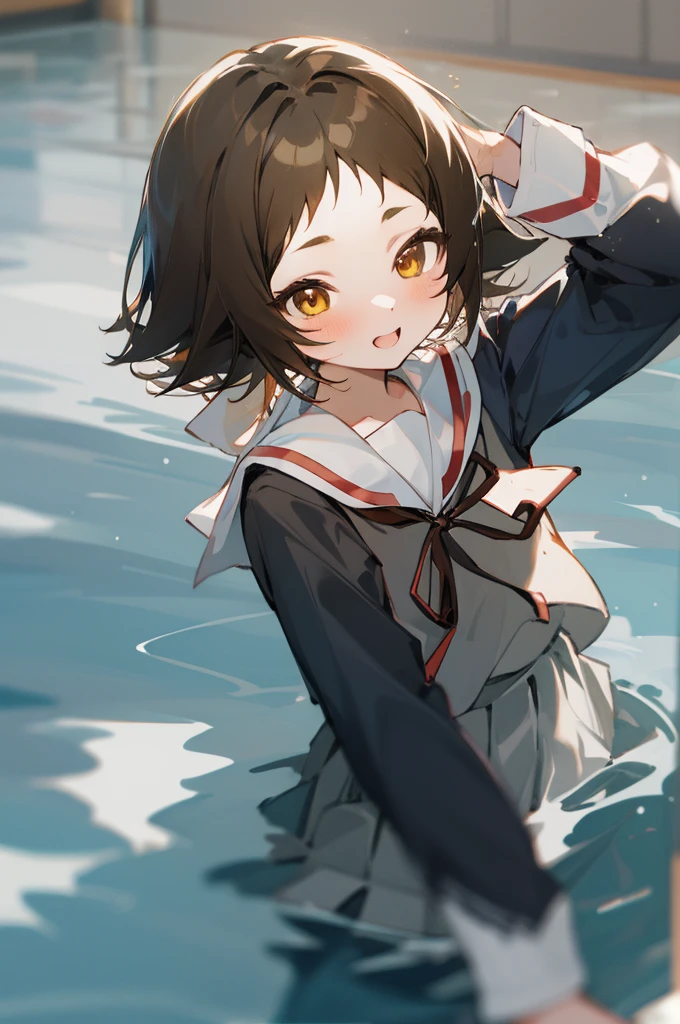 masterpiece, Highest quality, One Girl, Mashiro Mitsumine, (brown eyes:1.5), brown hair, Upper body, Pool、Water Play、seems to be happy、short hair, , Black-haired, Casual clothing, Frills,Top view、grey skirt, long sleeves, neck ribbon, red ribbon, ribbon, sailor collar, school uniform, skirt, white sailor collar,