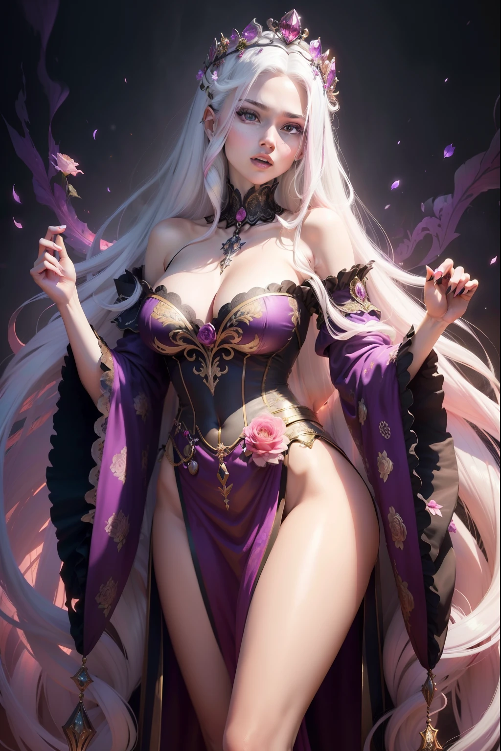 (8k,shipmentsrrealista shipments Maximum quality;1.4) (ung boy) Super pretty queen of the underworld (lifelike face) (long white hair with pink tips, bright white floral hair) slim and seductive body Floral aristocratic costume of long dress with big golden eyes Floral decoration in bright purple and red Fangs peeking out of the mouth Pointed claws a seductive gaze Beautiful expression A hyper-realistic (queen of the underworld) appealing (real looking skin) super high resolution high détail Floral aura of purples and reds emanating from the body effect transparent floral cover