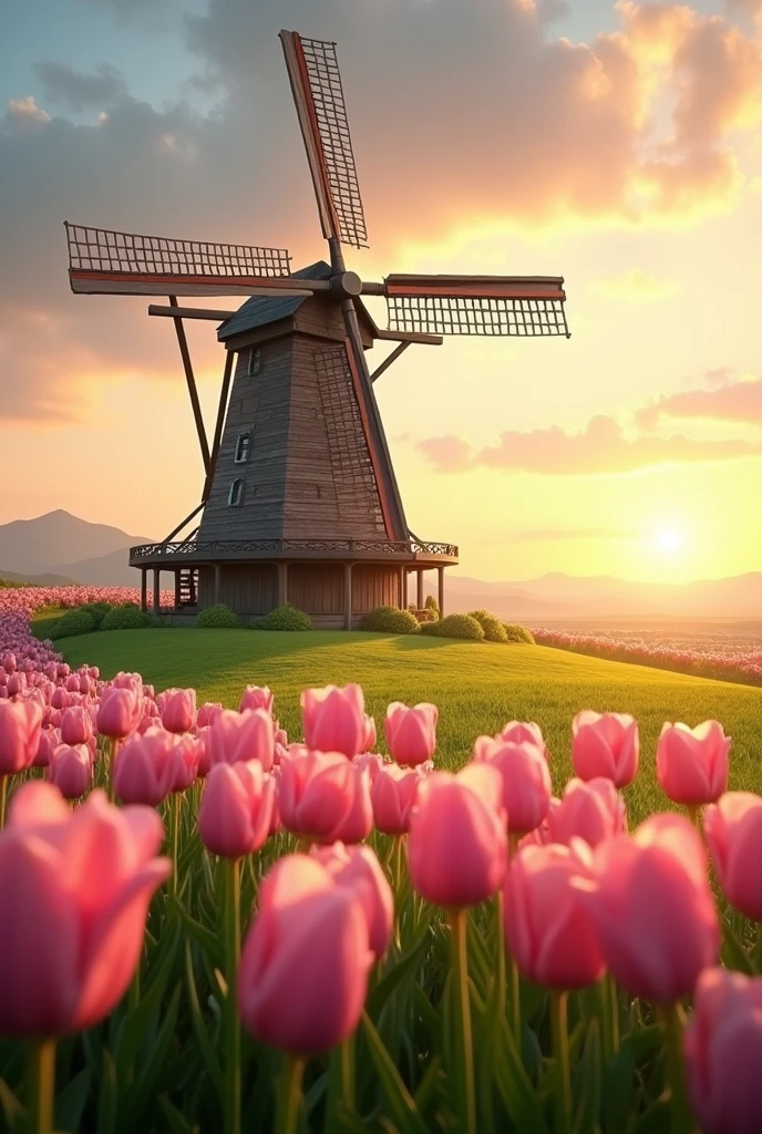 Large windmill on a green field with many light pink tulips on a beautiful sunset