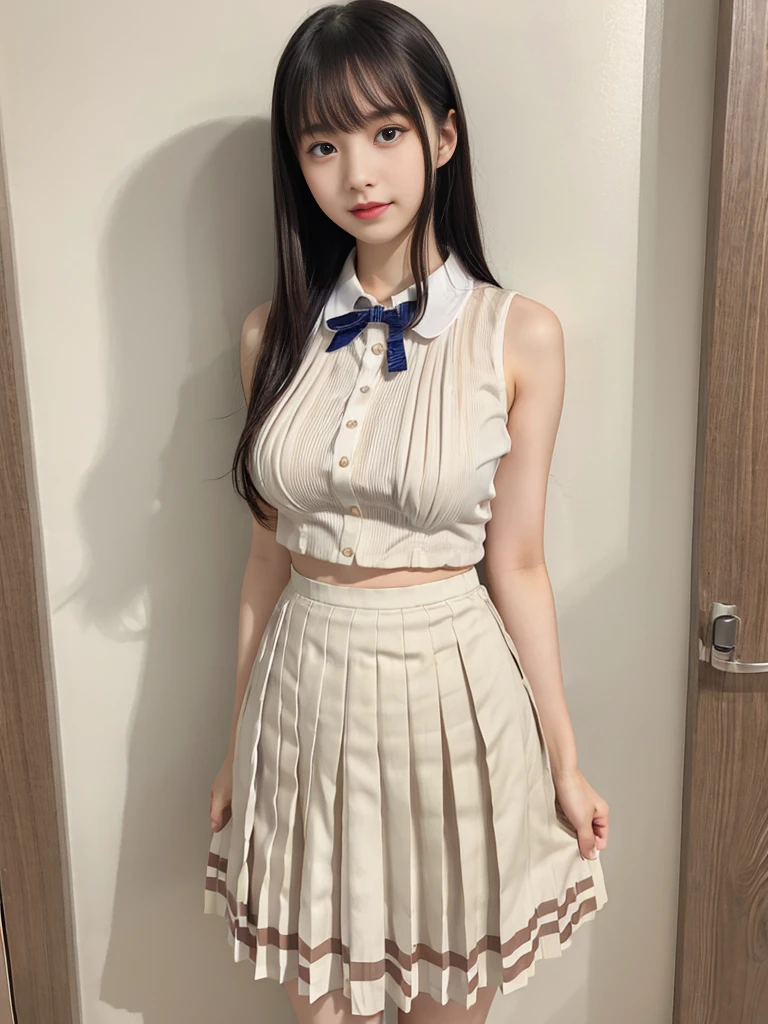 Milk-covered high school girl idol、Whole Body Ezbian、Sleeveless, milk-stained, see-through uniform(white)、(Big Breasts:1.3) (Erect nipples:1.2) (Very short pleated skirt:1.3)