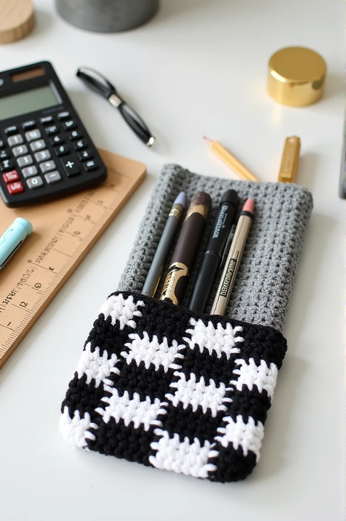 Please design me a pencil case ( crochet ) can hold 1 casio calculator , 5 ballpoint pens, 2 pencils , 1 hole punch , 1 bấm ghim , 1 cục tẩy , 1 ruler 20cm long , 1 eraser . Black and white checkered .