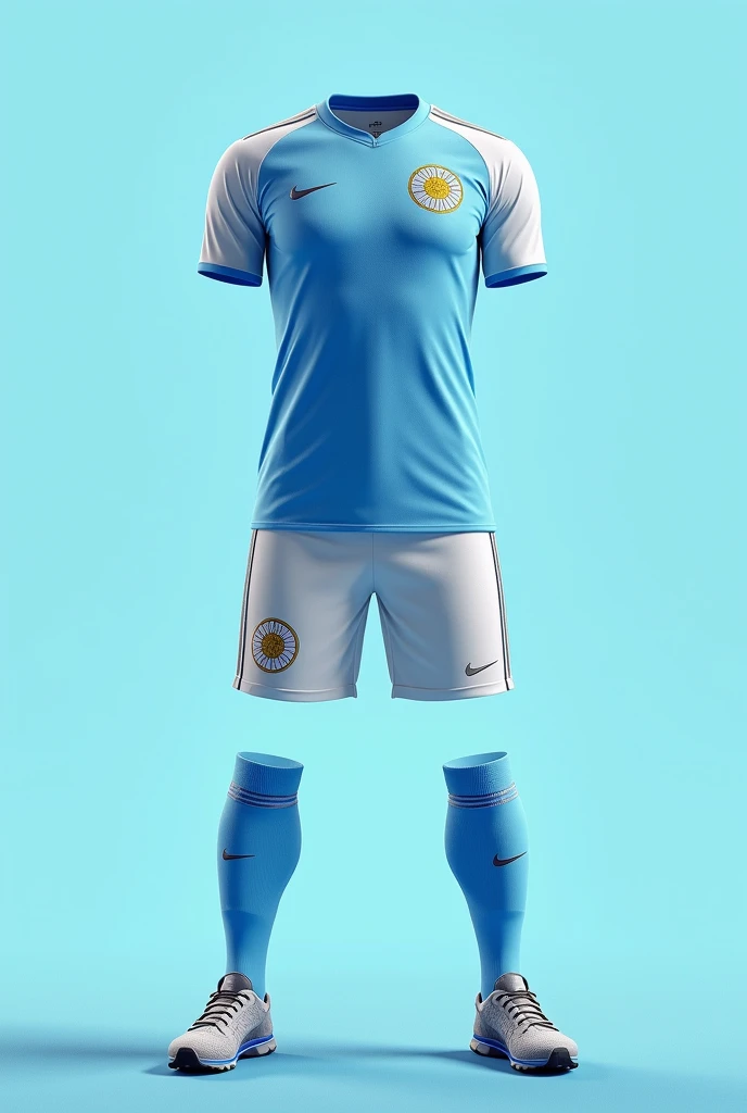 A nice light blue and white soccer jersey ( short, socks and t-shirt) with a logo of a golden sun and that in the logo says "Golden Sun"