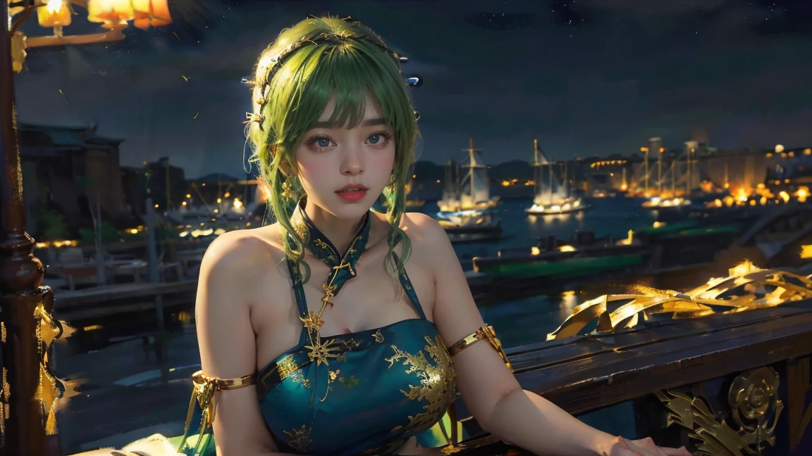 (The huge harbor in the background:1.5)，Oil painting style,The girl is on the other side,,Gold headdress，(green medium hair:1.2)，(Late Night:1.6),(Blue cheongsam:1.2),(Metal:1.2),(Fat Face:1.2),(Upper body:1.),(Blue armlet:1.1),Crimson lips,With bangs,smile